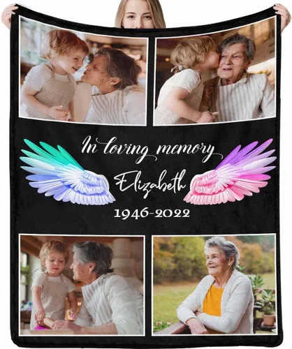 Vista 8 de LOSARON Mantas conmemorativas personalizadas con fotos por pérdida de madre, papá, abuela en el cielo en memoria amorosa de flores rojas, 6 fotos