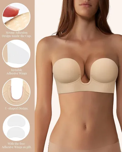 Vista 2 de Brasier adhesivo con efecto de realce de inmersión, brasier adhesivo invisible, sin tirantes en V profundo, brasier reutilizable para vestido