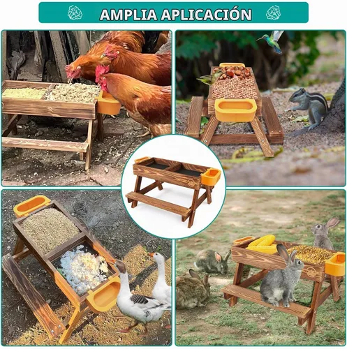 Vista 5 de Mesa de picnic de pollo, comedero de pollo sin desperdicios hecho a mano de madera carbonizada, kit grande de comedero de pollo para bricolaje