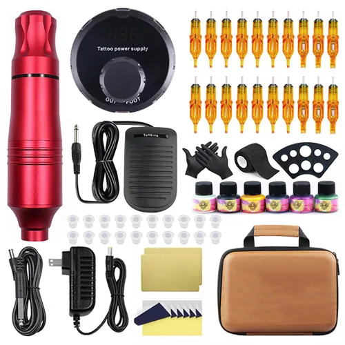 Vista 6 de Rotary Tattoo Pen Kit - Tattoo Machine Set with Adjustable Power Supply, 20 Cartridge Needles, 6 Inks, Foot Pedal, Practice Skins and Storage Case