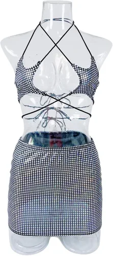 Vista 6 de IMEKIS Conjunto de camiseta brillante con parte inferior para mujer, festivales de música, disfraz de Halloween, cosplay, ropa sexy de baile y club