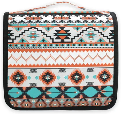 Vista 7 de Bolsa de aseo étnica azteca colgante, bolsa de cosméticos de viaje geométrica, bolsa organizadora de maquillaje, bolsa de lavado portátil con gancho