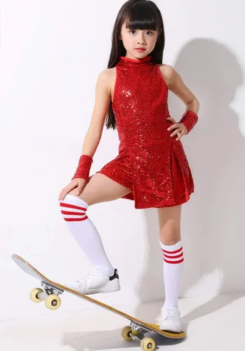 Vista 3 de LOLANTA Vestido de baile de lentejuelas para niñas de 4 a 12 años, traje de baile de hip hop, sin mangas y pantalones cortos