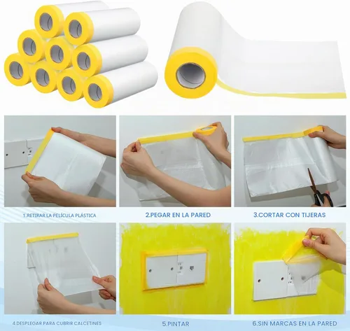 Vista 4 de Seajan 9 rollos de plástico con cinta adhesiva precintada para pintar pintura automotriz, película protectora, rollo de cinta adhesiva de plástico