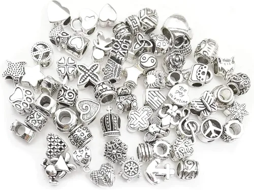 Vista 3 de 55 piezas surtidas de cuentas con agujeros grandes de aleación europea, cuentas con separadores metálicos para manualidades, pulseras, collares