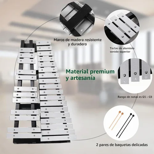 Vista 6 de Heuyrao Xilófono Glockenspiel plegable de 30 notas Negro & blanco