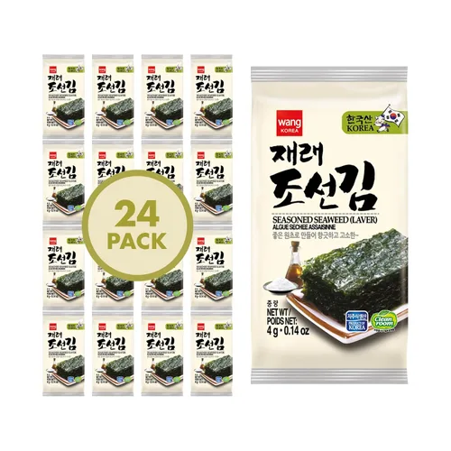 Vista 10 de Wang Bocadillos de algas coreanas con sabor a kimchi, hojas de algas tostadas crujientes, aperitivo saludable de marihuana, keto, vegano, sin