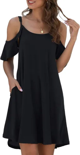 Vista 2 de Jouica Vestido casual de verano para mujer, con tirantes delgados, hombros descubiertos, mangas con volantes, con bolsillo