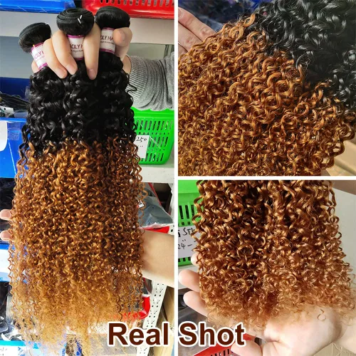Vista 5 de Extensiones de cabello rizado brasileño ombré, 3 paquetes de extensiones de cabello humano 1B/30, paquetes de cabello humano rizado degradado