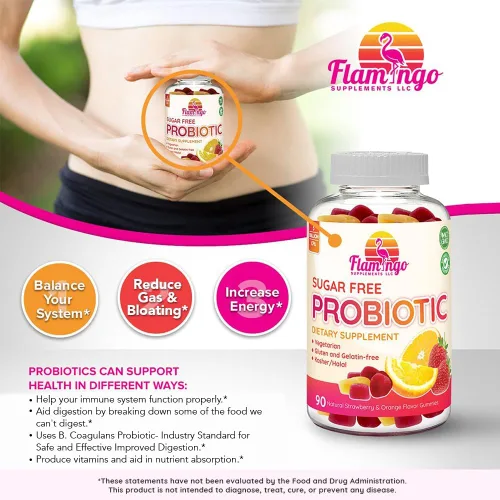 Vista 3 de Flamingo Supplements Gomitas probióticas sin azúcar (3 mil millones de UFC) – Kosher, halal y vegano – Apoyo digestivo para mujeres, hombres y niños
