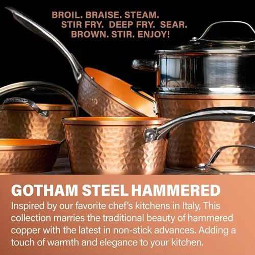 Vista 3 de GOTHAM STEEL Hammered Copper Collection – Sartén antiadherente de 10 pulgadas con tapa, olla multiusos para pasta de 5 cuartos de galón con tapa