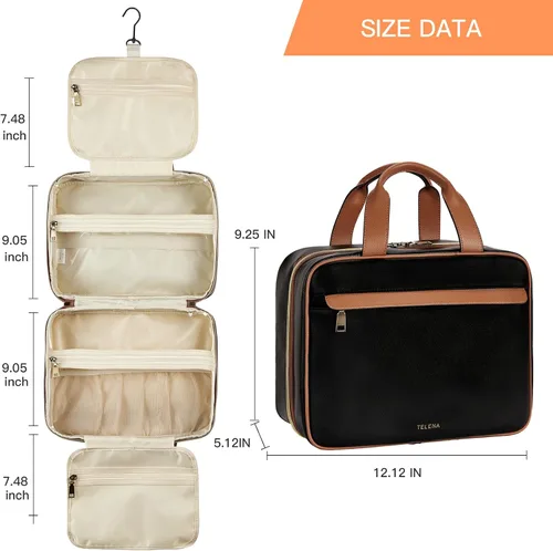 Vista 4 de Telena Neceser de viaje para mujer con gancho para colgar, bolsa de cosméticos resistente al agua, organizador de viaje para accesorios, artículos