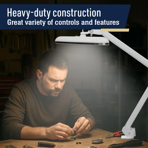Vista 4 de Kings County Tools Lámpara de escritorio LED con abrazadera, luz de escritorio de arquitecto con brazo oscilante ajustable, doble luz y 16 opciones