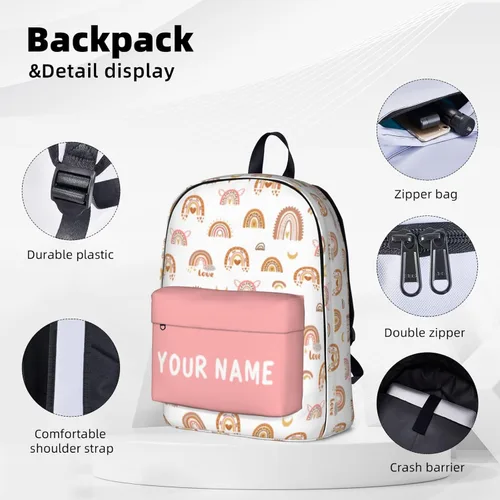 Vista 3 de Mochila personalizada para niñas y niños, mochilas personalizadas con nombre para niños, mochila escolar personalizada para viajes, Rainbow-rosado