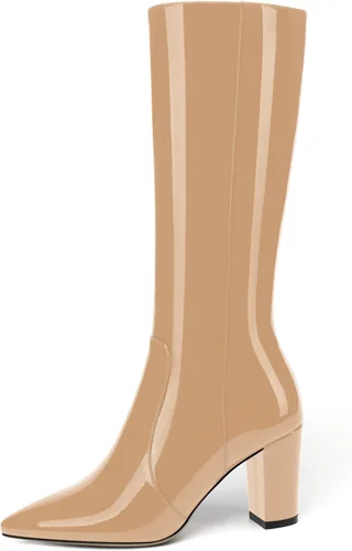 Vista 65 de AMBELIGHT Botas altas hasta la rodilla con cremallera y puntera puntiaguda para mujer, de patente sólida, tacón alto, 3.3 pulgadas