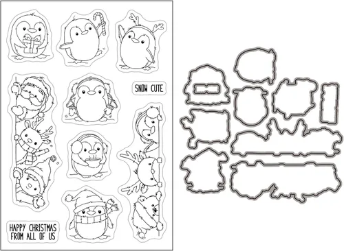 Vista 3 de Briartw Lindos pingüinos Alegría Invierno Happy Friends Feliz Navidad Regalo de nieve Troquel de corte de metal y sello de goma transparente DIY