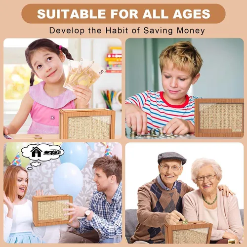 Vista 6 de Alcancía para adultos y niños, banco de monedas de madera para niños y niñas, caja fuerte de efectivo caja de ahorro de dinero con contador, caja