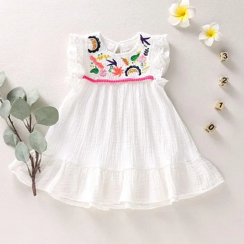 Vista 2 de Vestido floral bordado étnico sin mangas con flores y falda de fiesta de princesa