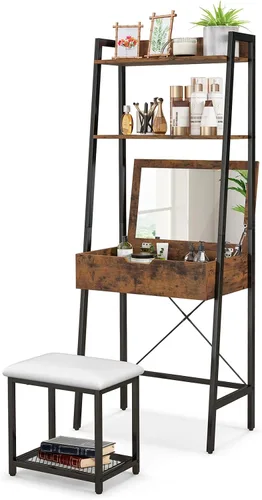 Vista 9 de GOFLAME Juego de mesa de tocador con espejo abatible, escritorio de tocador de escalera y taburete acolchado con estantes y compartimentos