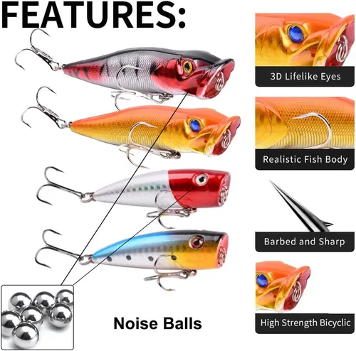 Vista 4 de Señuelos de pesca Popper cebo de pesca Topwater cebos duros ojos 3D Swimbait Crankbait con gancho de agudos para lubina, trucha, agua dulce y salada