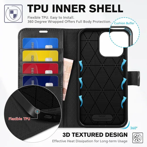 Vista 5 de Funda tipo billetera TUCCH para iPhone 15 Pro Max, con bloqueo RFID, con soporte para 4 tarjetas, a prueba de golpes, con interior de TPU, con funda