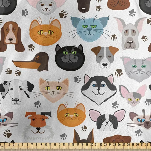Vista 2 de Lunarable Tela de animales de The Yard, caras de gato y perro, mejores amigos, Bulldog Beagle, Labrador, Calico Kitty impresión, tela de satén