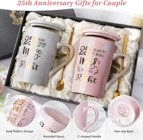 Vista 3 de Biching Regalos de Boda del 25º Aniversario, 25 Años de Ser Mr Right & Mrs Always Right Taza de Café Regalos para Parejas Padres Mujeres Hombres