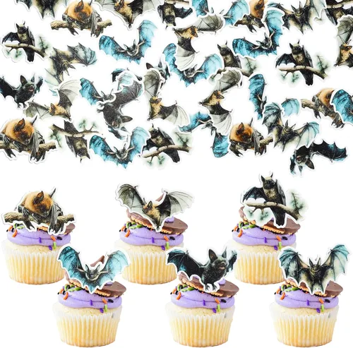 Vista 15 de Gyufise 24 adornos para cupcakes de Halloween con calabaza, fantasma, purpurina negra, decoraciones para cupcakes para niños, decoración de fiesta
