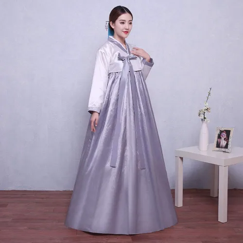 Vista 2 de XINFU Conjunto de Hanbok tradicional coreano para mujer, vestido colorido de manga larga, disfraz de cosplay