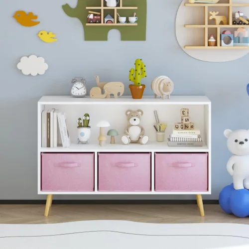 Vista 13 de Estantería infantil con 3 cajones de tela plegables, organizador de almacenamiento de juguetes con múltiples estantes para niñas y niños, habitación