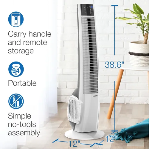 Vista 6 de Lasko Ventilador de torre oscilante con control remoto, ventilador de torre para dormitorio y oficina, 4 velocidades silenciosas, 38 pulgadas