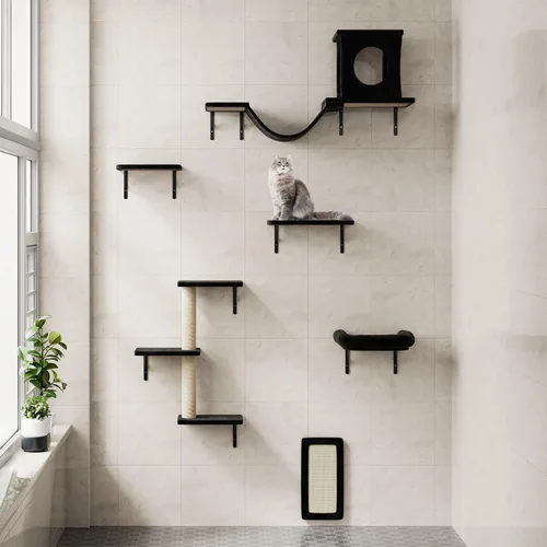 Vista 5 de NUNU LAB Estantes de muro para gatos, juego de 6 piezas de lujo montado en la pared, muebles para gatos interiores con 1 casa tipo condominio, 2
