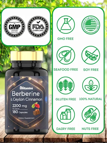 Vista 4 de Berberina con canela de Ceilán: 2200 mg por cápsula - 180 cápsulas Suplemento de berberina natural para la salud cardiovasular y del sistema