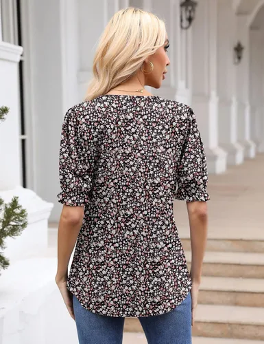 Vista 3 de Blusa plisada con cuello redondo para mujer, estilo casual, manga corta, estilo túnica, con dobladillo curvado