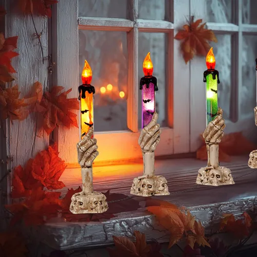 Vista 6 de Hourleey Decoraciones de Halloween, paquete de 10 velas de calavera con estacas, funciona con pilas, impermeable, decoración de camino