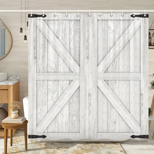 Vista 7 de Cortina de ducha de puerta de granero de madera rústica, 60 x 70 pulgadas, beige