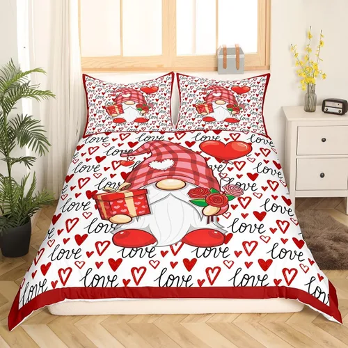 Vista 2 de Juego de funda de edredón de gnomo lindo para el día de San Valentín, tamaño individual, juego de ropa de cama con estampado de corazón rojo