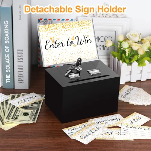 Vista 3 de Caja de donación acrílica negra con cerradura, caja de sugerencias segura con soporte para letreros para tarjetas de voto y consejos, 6 x 4.3 x 4