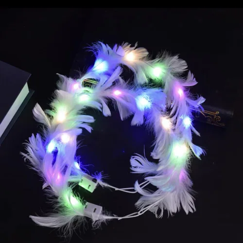 Vista 6 de Diadema con corona de plumas LED, diadema con halo de ángel, para niñas, mujeres, conciertos, fiestas, Halloween, Navidad
