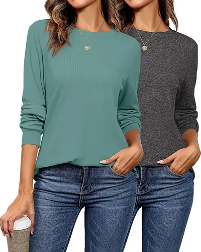 Vista 2 de Riyiper Paquete de 2 sudaderas de cuello redondo para mujer, camisas casuales de manga larga, ajuste holgado, suaves, camisetas básicas lisas