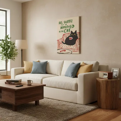 Vista 7 de Divertido Arte de Pared de Gato Negro con Café All Guests Must Be Approved By The Cat Cuadro con Cita Pintura Decoración de Pared Póster Retro