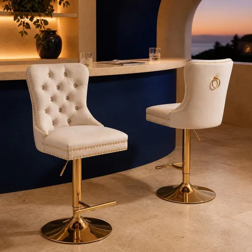 Vista 9 de ODUSE-DAILY Juego de 2 taburetes de bar giratorios de terciopelo beige con respaldo tapizado, taburetes de bar ajustables en altura de mostrador