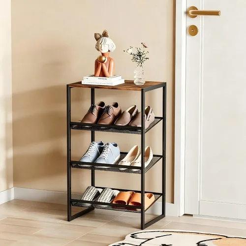 Vista 9 de Garden 4 you Zapatero estrecho de 3 niveles para armario, zapatero pequeño con mesa de madera marrón, estante de zapatos de metal ajustable