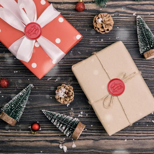 Vista 6 de Kit de sellos de cera de Navidad, sellos de cera de Navidad con mango de madera, 120 cuentas de sello de cera, cuchara para derretir cera y velas