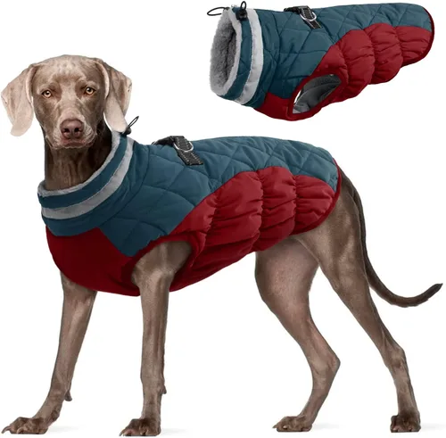 Vista 36 de Abrigo para perro, chaqueta cálida de invierno, acolchada, de vellón, chaleco reflectante con arnés, chaqueta de nieve impermeable con cremallera, a