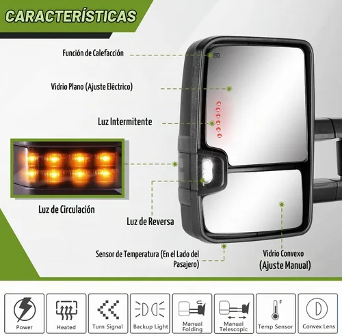 Vista 2 de Espejos de remolque para Chevy Silverado/GMC Sierra 1500 (2014 2015 2016 2017 2018), 2500HD 3500HD (2015 2016 2017 2018 2019) Señal de giro/Luces