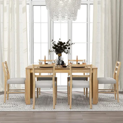 Vista 125 de Juego de mesa de comedor vintage de 6 piezas, juego de mesa de comedor de cocina de madera maciza con 4 sillas ergonómicas acolchadas y banco, mesa
