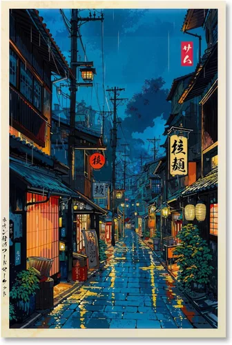 Vista 24 de Póster de arte de pared de casa de té japonesa de Tokio, arte callejero nocturno de Kioto, impresión en lienzo, ilustración retro japonesa