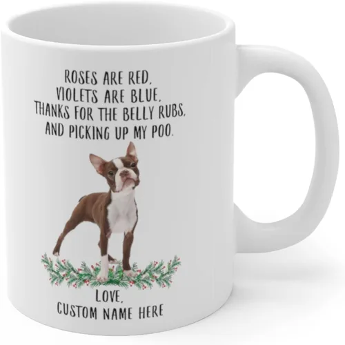 Vista 3 de Regalos divertidos para los amantes de las mascotas Boston Terrier White Borwn con nombre personalizado Roses Are Red Violets Are Blue Dog Christmas