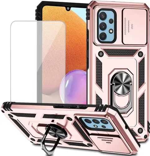 Vista 10 de Funda para Galaxy A32 4G, Samsung A32 4G SM-A325F con protector de pantalla de vidrio templado y cubierta de cámara deslizante, anillo magnético